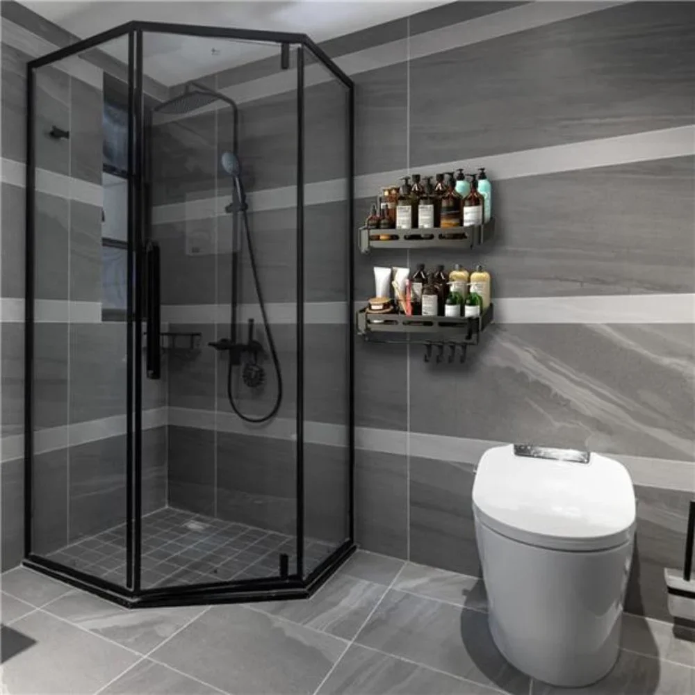 Black Shower Caddy Shelf Organizer, Bathroom Organizers,  2 Pack with 8 hooks